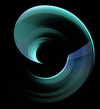 Turkuaz ve mavi çizgili yuvarlak uçaklar birbiriyle çakışıyor ve siyah arka planda bir çerçeve oluşturuyor. Grafik tasarım elementi. Logo, sembol, işaret, simge. 3D görüntüleme. 3d illüstrasyon.