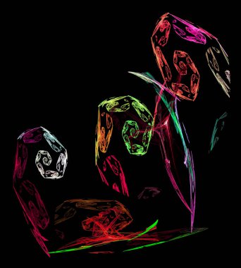 Çok renkli parlak şekilli spiraller, siyah bir arkaplana karşı güzelce düzenlenmiştir. Temiz alan. Kalemle çizim taklidi. Soyut fraktal arka plan. 3D görüntüleme. 3d illüstrasyon.