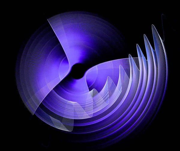 Mavi kıvrımlı ve dalgalı hava elementleri siyah bir zemin üzerinde katmanlı ve döndürülmüştür. Grafik tasarım elementi. Logo, sembol, işaret, simge. 3D görüntüleme. 3d illüstrasyon.
