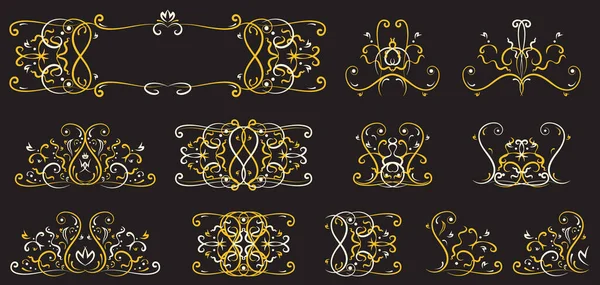 Sammlung Von Goldenen Ornamenten Auf Schwarzem Hintergrund Abstrakte Dekorelemente Für — Stockvektor