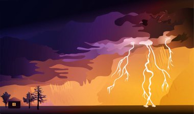 Yıldırım ve sağanak yağışlı gece fırtınası. Küçük bir ev ve ağaçlar yıldırımla aydınlatılır. Renkli doğal manzara. İllüzyon. Vektör.