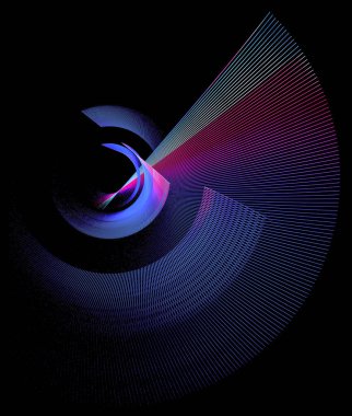 Siyah arka planda dönen renkli çizgili soyut pervane bıçakları. Grafik tasarım elementi. Logo, sembol, işaret, simge. 3D görüntüleme. 3d illüstrasyon.