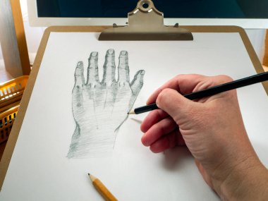 Kalem el, kağıda el çizer. Tabletin arkasında bir monitör var. Çevrimiçi eğitim kavramı, çevrimiçi çizim dersleri.