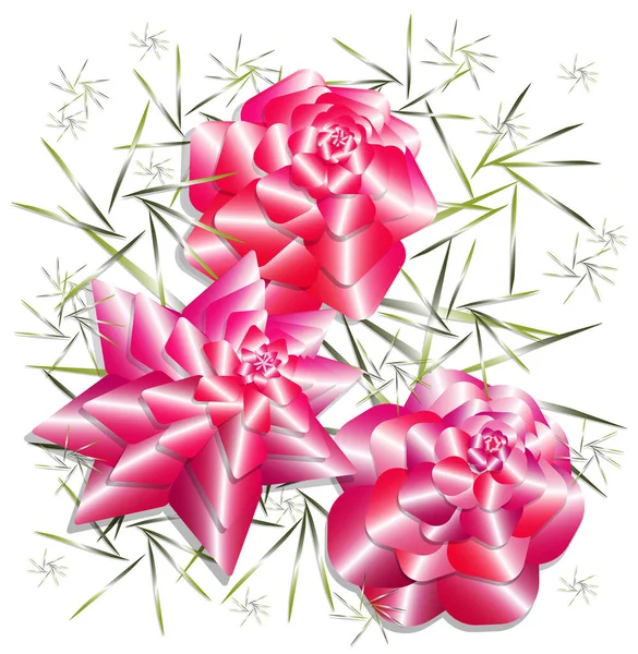 Drei Helle Rosen Auf Einem Hintergrund Aus Schmalen Blättern Für — Stockvektor