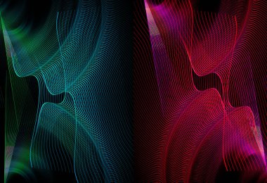 Kırmızı ve yeşil dalgalı çizgiler siyah arkaplanı dolduruyor. İki soyut fraktal arka plan bir arada. 3D görüntüleme. 3d illüstrasyon.