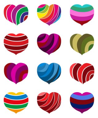 Beyaz arka planda izole edilmiş renkli kalpler. Sembol, işaret, simge, logo. Vektör. Grafik tasarım ögeleri kümesi.