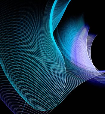 Mavi şeffaf çizgili, kavisli ve dalgalı elementler siyah arkaplanla kaplıdır. Soyut fraktal arka plan. 3 boyutlu illüstrasyon. 3d oluşturma.