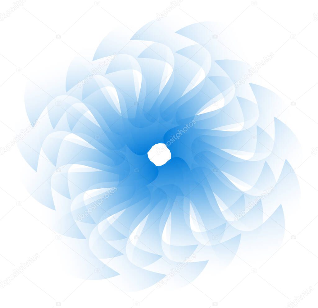 The translucent blue fan consists of a large number of elements rotating in a circle on a white background. Graphic design element. Vector, eps10. 
