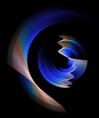 Katmanlı çizgili mavi, beyaz ve kahverengi aksanlı, kavisli ve dalgalı elementler siyah arkaplanda dönüyor. Logo, simge ve işaret için grafik tasarım ögesi. 3D görüntüleme. 3d illüstrasyon.