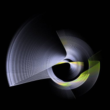 Çizgili, beyaz, sarı aksanlı, kıvrımlı ve dalgalı elementler siyah bir arkaplana karşı katmanlı ve döndürülmüş. Logo, simge ve işaret için grafik tasarım ögesi. 3D görüntüleme. 3d illüstrasyon.