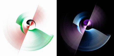 Renkli, şeffaf, düz ve kavisli elementler beyaz ve siyah arkaplanlar üzerinde döner. Grafik tasarım ögeleri ayarlandı. Logo, işaret, sembol, simge. 3D görüntüleme. 3d illüstrasyon.