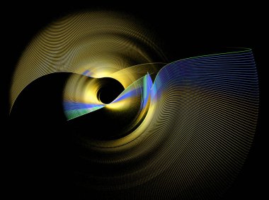 Dalgalı ve zigzag çizgili sarı ve mavi elementler siyah bir zemin üzerinde döner. Grafik tasarım elementi. Simge, logo, sembol, işaret. 3D görüntüleme. 3d illüstrasyon.