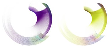 Eflatun ve sarı şeffaf arcuate elementler beyaz zemin üzerinde yuvarlak sınırlar oluşturmak için katmanlanırlar. Grafik tasarım ögeleri ayarlandı. Logo, işaret, sembol, simge. 3D görüntüleme. 3d illüstrasyon.