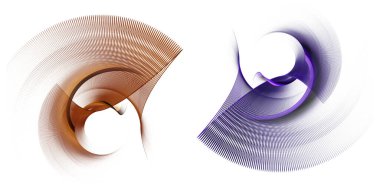 Turuncu ve mor, şeffaf, çizgili, kıvrımlı elementler beyaz arka planda dönerler. Grafik tasarım ögeleri ayarlandı. Logo, işaret, sembol, simge. 3D görüntüleme. 3d illüstrasyon.