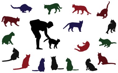 Renkli kedi siluetleri ve beyaz arka planda izole bir kediyi okşayan bir kadın. Vektör illüstrasyonu.