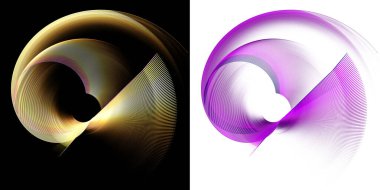 Magenta, turuncu, yuvarlak çizgili elementler siyah ve beyaz arka planda dönerler. Grafik tasarım ögeleri ayarlandı. Simge, logo, işaret, sembol. 3 boyutlu illüstrasyon. 3d oluşturma.
