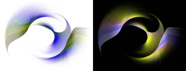 Sarı ve mavi çizgili dalgalı elementler beyaz ve siyah arkaplanda dairesel çerçeveler oluşturmak için katmanlanmışlardır. Grafik tasarım ögeleri ayarlandı. Simge, logo, işaret, sembol. 3 boyutlu illüstrasyon. 3d oluşturma.