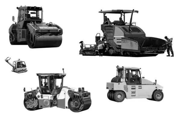 Road Machinery Compacting Asphalting Roads Isolated White Background Set Vector — 스톡 벡터