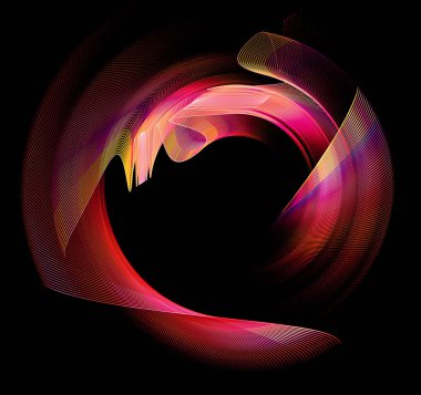 Renkli, çizgili, kıvrımlı, zikzak çizgileri siyah arkaplanda dairesel bir çerçeve oluşturur. Grafik tasarım elementi. Simge, logo, sembol, işaret. 3 boyutlu illüstrasyon. 3d oluşturma.