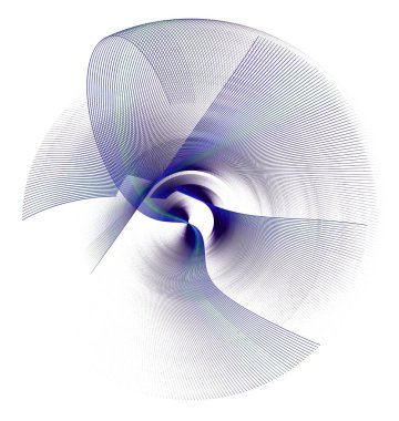 Dalgalı ve eğri büğrü çizgili beyaz arka planda dönen soyut mavi yelpaze. Grafik tasarım elementi. Simge, logo, sembol, işaret. 3D görüntüleme. 3d illüstrasyon.
