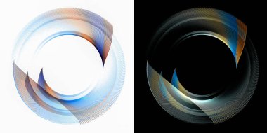 Çizgili şeffaf gökkuşağı elementleri beyaz ve siyah arkaplanda dairesel çerçeveler oluştururlar. Grafik tasarım ögeleri ayarlandı. Simge, logo, sembol, işaret. 3D görüntüleme. 3d illüstrasyon.