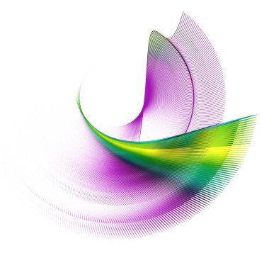 Mor dalgalı ve eğri büğrü elementlerin yeşil ve sarı çizgileri beyaz arkaplanda döner. Grafik tasarım elementi. Simge, logo, işaret, sembol. 3D görüntüleme. 3d illüstrasyon.
