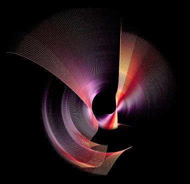 Soyut hava pervanesinin kırmızı ve turuncu çizgili mor pervaneleri siyah bir zemin üzerinde döner. Grafik tasarım elementi. Simge, logo, işaret, sembol. 3D görüntüleme. 3d illüstrasyon.