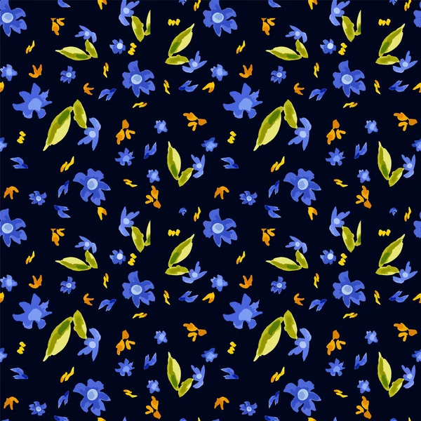 Virágos Akvarell Zökkenőmentes Minta Kis Kék Virágok Levelek Sötét Kék — Stock Vector