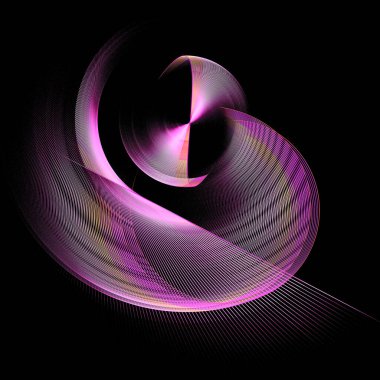 Mor çizgili elementler katmanlar halinde düzenlenir ve siyah bir arkaplan üzerinde döndürülürler. Simge, logo, işaret, sembol. Grafik tasarım elementi. 3D görüntüleme. 3d illüstrasyon.