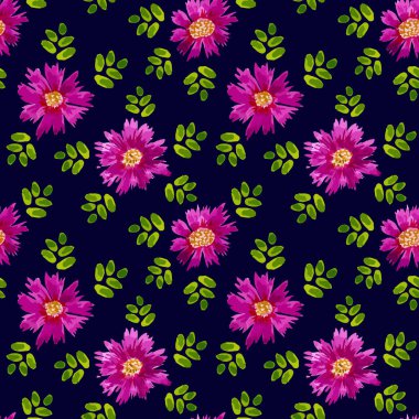 Soyut mor papatyalar ve koyu arkaplanda yeşil yapraklar. Kusursuz çiçeksiz suluboya ritmik arka plan. Vektör illüstrasyonu.