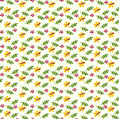 Küçük sarı ve kırmızı çiçekler, açık arkaplanda yapraklar. Kusursuz çiçeksiz suluboya ritmik arka plan. Vektör illüstrasyonu.