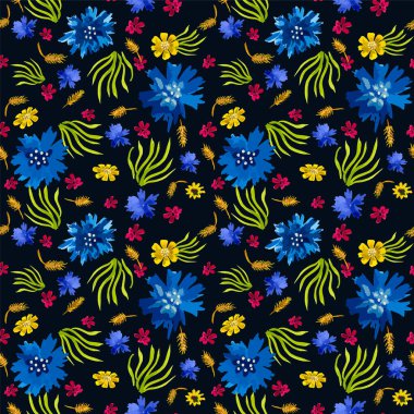 Mavi çiçek, kırmızı ve sarı küçük çiçekler, dikenler ve koyu arkaplanda uzun otlar. Çiçeksiz suluboya arka plan. Vektör illüstrasyonu.