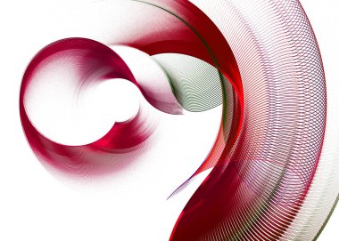 Kırmızı ve koyu dalgalı ve kavisli şeffaf çizgili elementler kesişiyor, üç boyutlu bir figür yaratıyor ve beyaz bir zemin üzerinde dönüyor. Soyut fraktal arka plan. 3D görüntüleme. 3d illüstrasyon.