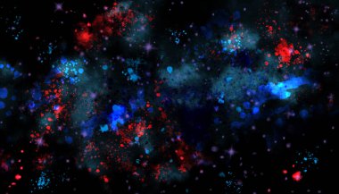 Koyu bir arka planda mavi ve kırmızı ışıklı noktalar. Tasarımınız için soyut parlak suluboya arkaplan. Görüntü.