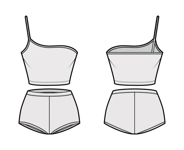 Set von Dessous - Ein-Schulter-Cami-BH und Slip Höschen technische Mode Illustration mit hoher Taille, glatte Länge — Stockvektor