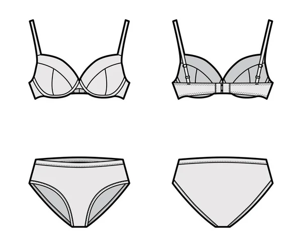 Set of lingerie - bra full cup and high-cup briefs panties technical fashion illustration with adjustable straps. Flat — Stock Vector