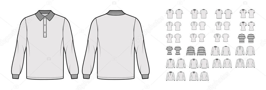 Set of Polo Shirts technical fashion illustration with long short sleeves, tunic length, henley neck, oversized fitted