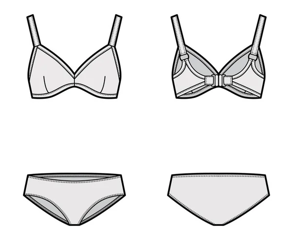 Ensemble de lingerie maillots de bain - soutien-gorge coupe douce et culotte hipsters illustration de mode technique. Culotte plate brassière — Image vectorielle