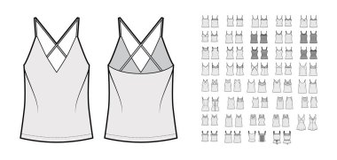 Gecelikler, gömlekler, tanklar, bluzlar geniş dar omuz kayışlı teknik moda illüstrasyonları.