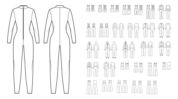 ミニミディ膝足首の長さ、長い袖、ストラップストラップレスと全体的な技術的なファッションイラストジャンプスーツのセット — ストックベクタ