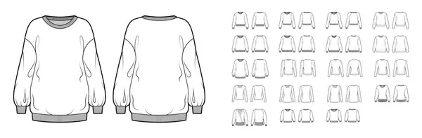 Set sweatshirts teknis gambar fashion dengan ukuran tubuh dipasang berlebih, awak V- leher, lengan siku panjang - Stok Vektor