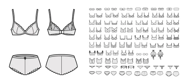 Reggiseno lingerie illustrazione tecnica di moda con spallacci completamente regolabili, coppe stampate, chiusura con gancio e occhio. — Vettoriale Stock