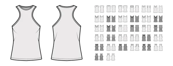 Conjunto de tapas de tanques, camisas ilustración de moda técnica con racerback ajustado, cuerpo de gran tamaño, escote en V cucharada, sin mangas — Vector de stock
