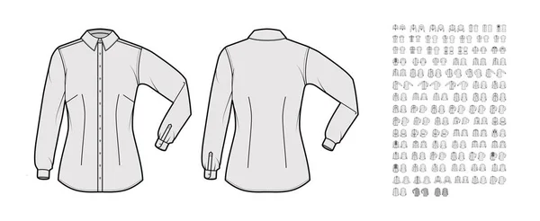 Paquete Conjunto de camisas ilustración técnica de moda con mangas de codo cortas largas con manguito, bolsillos, cuerpo de relax ajustado — Archivo Imágenes Vectoriales