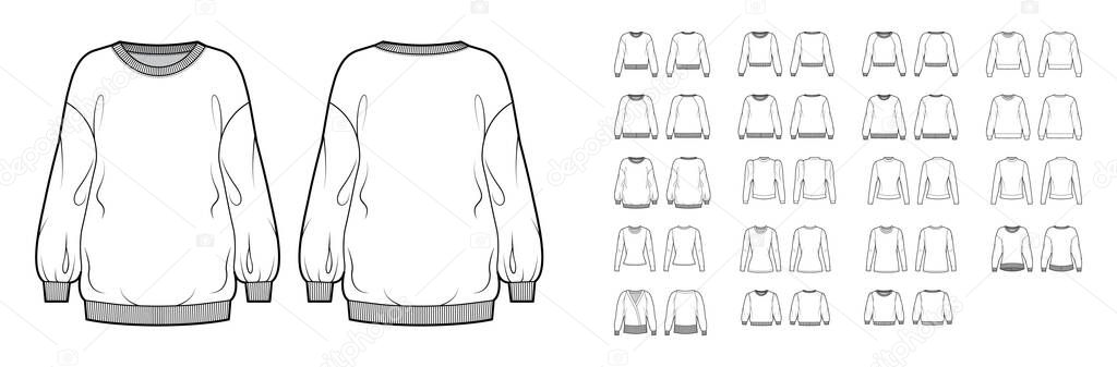 Set of sweatshirts technical fashion illustration with fitted oversized fitted body, crew V- neckline, long elbow sleeve