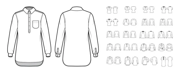 長袖、チュニック、古典的な襟、特大の装着とシャツヘンリーカラー技術的なファッションイラストのセット — ストックベクタ