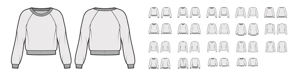 Set Sweatshirts technische Modeillustration mit tailliertem, überdimensionalem Körper, V-Ausschnitt, langem Ellenbogenärmel — Stockvektor