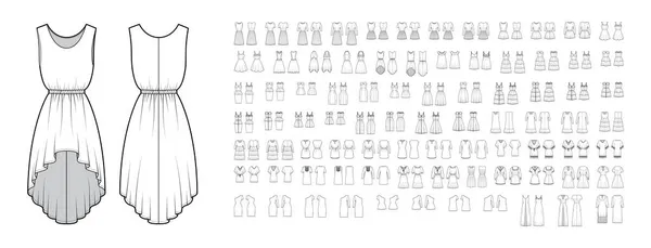 Conjunto de conjuntos de vestidos casual técnica moda ilustração com longas mangas curtas cotovelo, joelho mini midi maxi comprimento —  Vetores de Stock