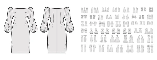 Набір суконь вечірнє весілля технічна модна ілюстрація з трубкою з плечового вирізу, міні-максимальна довжина коліна — стоковий вектор