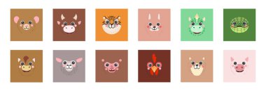 Animals Square faces Set Chinese Zodiac Twelve Signs portraits Icons Cute cartoon illustration flat vector avatars